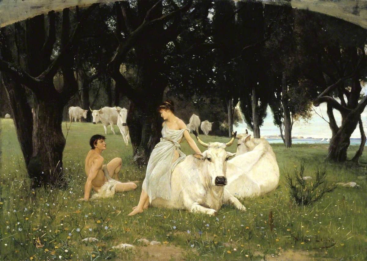 A pastoral scene with people and white cows under trees.